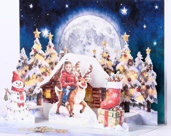 Biglietto di auguri natalizio pop-up personalizzato, con foto personalizzata e scena invernale 3D, regalo di Natale.