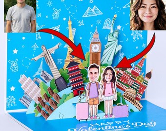 Travel Couple Custom Face Pop Up Valentine’s Day Card, World Landmark 3D Greeting Card, Globe Trip Lover Gift