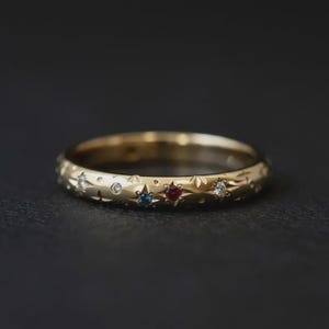 14K Yellow Gold Colorful Gemstones Celestial Band, Multi Color Round Engagement Ring, Star Shape Flush Setting Wedding Band, Stackable Band