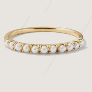 Freshwater Pearl Eternity Wedding Band Gold Plated Stackable Matching Band For Women June Birthstone Promise Engagement Gift Vintage Jewelry