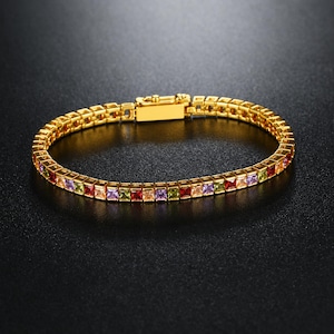 Multicolor Princess Cut Tennis Bracelet 18k Yellow Gold | Rainbow Gemstone Bracelet | Dainty Stackable Bracelet | Colorful Jewelry Gift