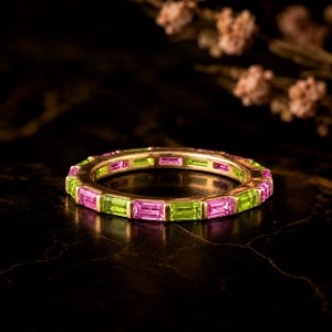 14k Yellow Gold Baguette Pink Sapphire Peridot Eternity Band, Art Deco Anniversary Gift Stackable Promise Ring Minimalist Birthstone Jewelry