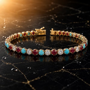14k Gold Turquoise Ruby Tennis Bracelet Art Deco Diamond Vintage Stacking Bracelet, Anniversary Gift December Birthstone Gift for Her