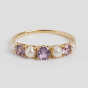 Freshwater Pearl and Amethyst Eternity Wedding Band Gold Plated Stackable Matching Band For Women June Birthstone Promise Engagement Gift
