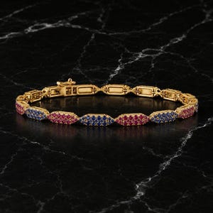 14k Yellow Gold Ruby Sapphire Tennis Bracelet Art Deco Rectangular & Bow Tie Tennis Bracelet Engagement Bracelet Bridal Jewelry Gift For Her