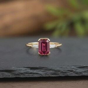 Unique Emerald Cut Ruby Engagement Ring, Solitaire July Birthstone Jewelry, Red Gemstone Wedding Ring, Vintage Bezel Set Side Stone Ring
