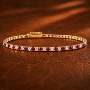 May include: A gold tennis bracelet featuring an alternating pattern of round-cut red rubies and clear white diamonds set in a continuous line. The bracelet includes a rectangular gold clasp mechanism at the top, showcasing a refined design.