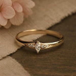 14K Gold Plated Marquise Cut Moissanite Ring, Dainty Engagement Ring, Round Diamond Accents, Minimalist Promise Ring, Elegant Gift for Her