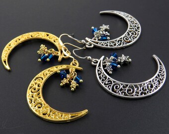 Celestial Crescent Moon Silver or Gold Dangle Earrings with Stunning Sapphire Blue Crystals and Star Beads