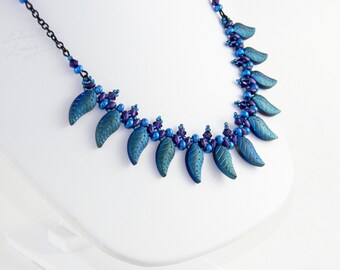 Mysterious Midnight Leaves - Gorgeous Blue and Purple Leaf Necklace - Swarovski Crystals and Beadweaving