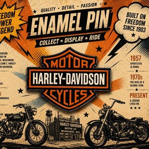 May include: An enamel pin featuring the Harley-Davidson logo and motorcycles, with text that reads "Freedom Power Legend." The design includes historical dates and the phrase "Built on Freedom Since 1903."