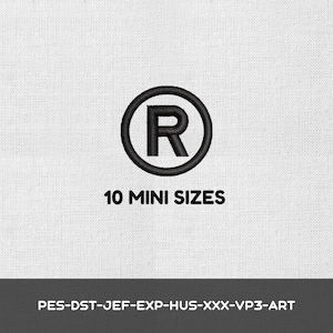 May include: A black embroidered registered trademark symbol inside a circle, centered above the text 10 MINI SIZES. Below this, a dark gray horizontal bar displays the text PES-DST-JEF-EXP-HUS-XXX-VP3-ART on a white textured background.