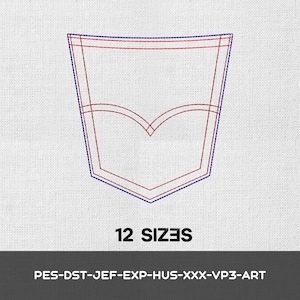 Può includere: Un disegno di tasca ricamata con cuciture rosse e blu su sfondo bianco. La tasca presenta una forma classica con un fondo curvo e una parte superiore a doppia linea. Il testo "12 SIZES" è visualizzato sotto.