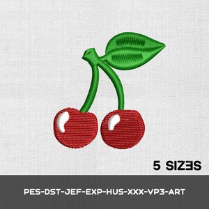 May include: Embroidered design of two red cherries with white highlights, connected by green stems and a green leaf. The text "5 SIZES" is below the cherries. The bottom of the image has the text "PES-DST-JEF-EXP-HUS-XXX-VP3-ART".