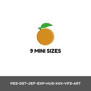 May include: An orange-colored circular embroidery design featuring a single green leaf on top. Below the graphic, the text reads 9 MINI SIZES. At the bottom, a gray bar displays the text PES-DST-JEF-EXP-HUS-XXX-VP3-ART in white lettering.