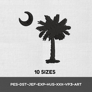 May include: A black machine embroidery design featuring a crescent moon and a palmetto tree silhouette. The text 10 SIZES is printed below the design, followed by the file formats PES-DST-JEF-EXP-HUS-XXX-VP3-ART on a dark gray background.