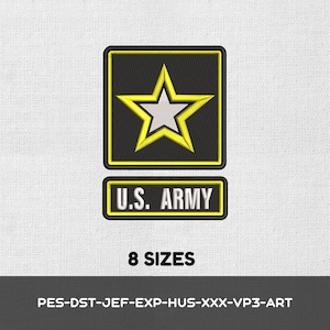 May include: An embroidered patch design featuring a black square with a yellow border containing a white star outlined in yellow. Below is a black rectangular label with a yellow border and the white text U.S. ARMY. Text reads 8 SIZES PES-DST-JEF-EXP-HUS-XXX-VP3-ART.