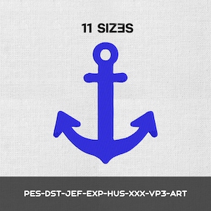 May include: A blue anchor design with the text "11 SIZES" at the top. The anchor is a classic nautical symbol, perfect for maritime-themed projects. The bottom of the image contains the text "PES-DST-JEF-EXP-HUS-XXX-VP3-ART".