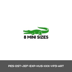 Puede incluir: Un diseño de bordado que presenta un gráfico de cocodrilo verde sobre el texto negro 8 MINI SIZES. Debajo, una barra horizontal gris muestra el texto blanco PES-DST-JEF-EXP-HUS-XXX-VP3-ART, indicando varios formatos de archivo.