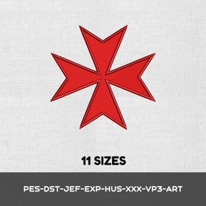 May include: A red embroidered Maltese cross design centered on a white fabric background. Below the cross, the text 11 SIZES is printed in black, followed by the file formats PES-DST-JEF-EXP-HUS-XXX-VP3-ART in white on a dark gray bar.
