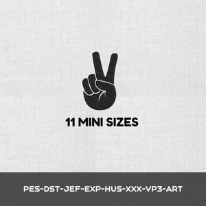 May include: A black embroidered peace sign hand gesture icon centered on a white textured background. Below the icon, the text reads 11 MINI SIZES. At the bottom, a dark gray bar displays the text PES-DST-JEF-EXP-HUS-XXX-VP3-ART.