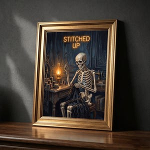 Gold Framed Stitched Up Skeleton Neon, Dark Academia Sewing Gothic Craft Room Art (8x10-24x36)