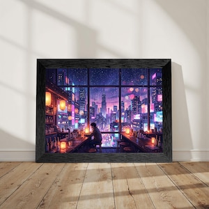May include: A framed wall art print depicting a person sitting at a bar counter inside a dimly lit room, looking out through a large window at a vibrant, rain-streaked city skyline filled with glowing purple, pink, and orange neon lights.