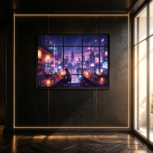 Anime Window Bar Art, Rainy Cyber City Canvas, Japanese Skyscraper View, Lo-Fi Decor
