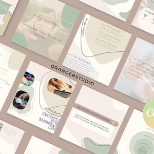 May include: A collection of digital social media templates featuring a soft color palette of sage green, beige, and white. The designs include abstract organic shapes, text boxes, charts, and diagrams with the text ORANGERSTUDIO and Canva visible.
