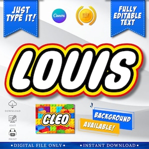 Peut inclure: Un design de fichier numérique avec le nom "LOUIS" dans une police audacieuse et colorée. Le design comprend le texte "JUST TYPE IT!" et "FULLY EDITABLE TEXT". Un petit graphique avec le nom "CLEO" est également inclus. Le design est un fichier numérique.