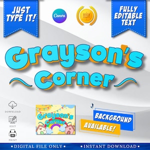 Op de afbeelding: Een digitaal grafisch ontwerpsjabloon met de tekst Grayson's Corner in grote lichtblauwe letters met oranje slagschaduwen. De afbeelding bevat blauwe banners met witte tekst, een Canva-logo, een gouden zegel en een voorbeeldweergave.