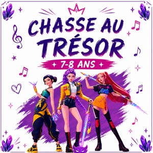 以下が含まれることがあります： CHASSE AU TRÉSOR 7-8 ANSというテキストの下に、鮮やかな髪と衣装の3人のキャラクターが描かれたデジタルイラスト。背景は白で、紫色のクリスタル、音符、ハートのアイコンが散りばめられています。