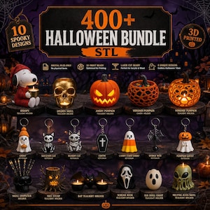 Könnte beinhalten: Ein digitales 400+ Halloween-Paket mit 3D-druckbaren STL-Dateien, das verschiedene gruselige Designs enthält, darunter einen Snoopy-Teelichthalter, einen goldenen Totenkopf, Kürbisse, Schlüsselanhänger, einen Totenkopf-Stäbchenhalter und Masken.
