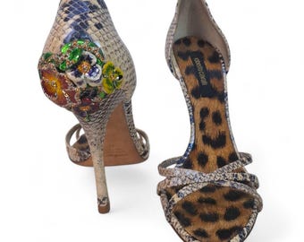 Roberto Cavalli Vintage 2000s Roberto Cavalli Snake + Flower Enamel Heels | EU 39 | US 9