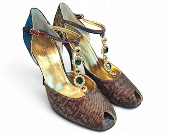 Dolce & Gabbana - Escarpins peep toe à bride en T et brocart lurex et cristaux Dolce & Gabbana | UE-37 | États-Unis 7