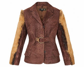 Just Cavalli - Veste d'archives Roberto Cavalli en daim effet vieilli avec manches en fourrure et ceinture | H