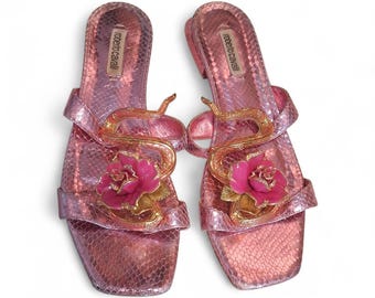 Roberto Cavalli mules roses métallisées serpent et roses (style Année 2000) | UE 39 | États-Unis 9