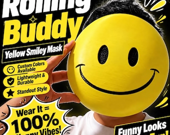 May include: A bright yellow circular mask featuring a black smiley face with two oval eye cutouts and a wide curved mouth. The mask is displayed against a black background with white and yellow text including Rolling Buddy and Yellow Smiley Mask.
