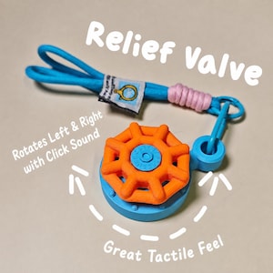 May include: A blue and orange relief valve fidget toy with a blue cord lanyard. The orange wheel rotates left and right with a click sound. The text Relief Valve, Rotates Left & Right with Click Sound, and Great Tactile Feel are visible.