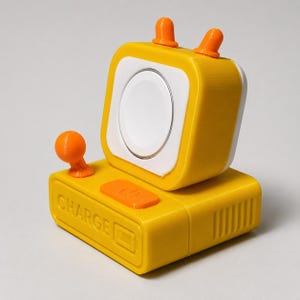 May include: A yellow charging dock shaped like a retro television set with two orange knobs on top and an orange joystick on the side. The base features the word CHARGE and a battery icon. A white circular charging puck is centred on the screen.
