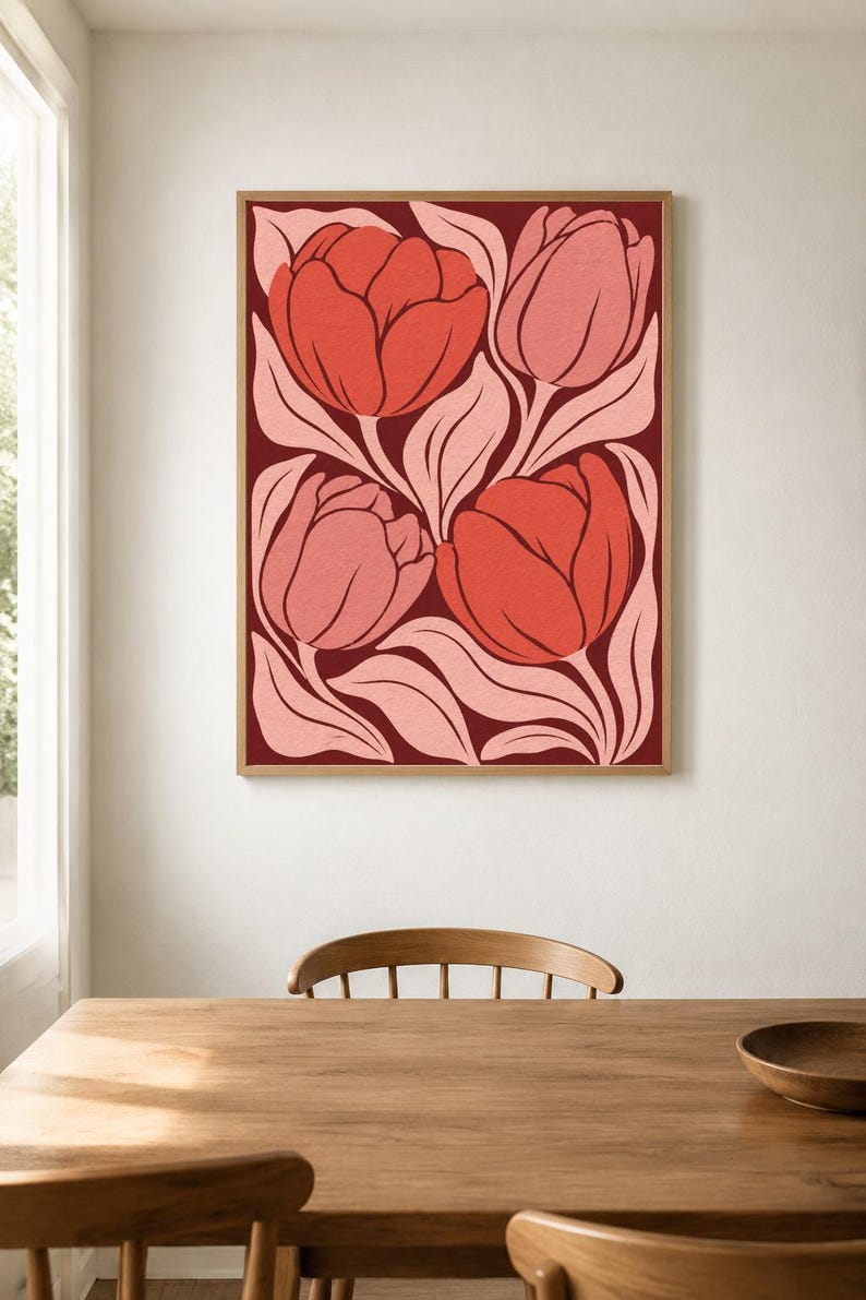 Red Tulip Flower Print, Bold Botanical Wall Art, Retro Floral Poster ...