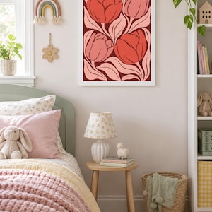 Red Tulip Flower Print, Bold Botanical Wall Art, Retro Floral Poster ...