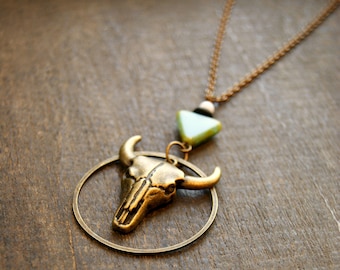 Steer Skull Necklace Native American Jewelry Tribal Skull Necklace Animal Skull Necklace Hammered Necklace Bohemian Skull Jewelry Southwest