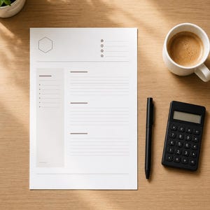 May include: A minimalist workspace setup featuring a white resume template, a black pen, and a small black calculator. A cup of coffee and a small potted plant are also present on the wooden desk, creating a professional and organized aesthetic.