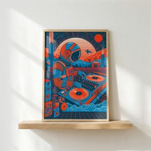 May include: A framed art print featuring a retro-style illustration of an astronaut in a blue and orange suit operating a DJ turntable setup. The background displays a stylized landscape with a large sun, geometric grid lines, and speakers.