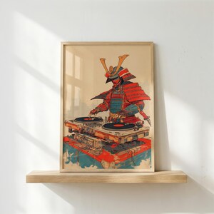 May include: Framed art print featuring a samurai DJ in red, blue, and gold armor, operating two turntables. The artwork has a vintage aesthetic, with a beige background and a wooden frame. The image is a unique blend of traditional and modern themes.