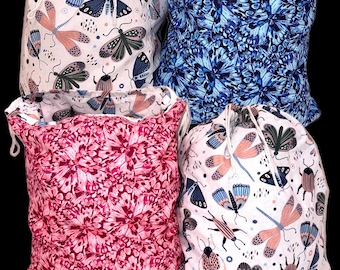 Cotton Travel Laundry Bag | Reversible Winged Insect Print, Washable Storage