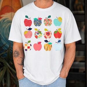 Patchwork-Apfel-PNG-Shirt | Schickes Lehrer-Shirt | Apfel-PNG für den Schulanfang | Niedliches Lehrer-Shirt | Schul-Shirt für Schüler | Apfel-PNG für den Herbst