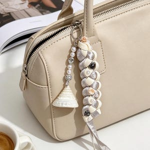 Conical Shell - Braided Ribbon Keychain - Pearl Bag Charm - Purse Pendant - Beach Accessory - Coastal Decor - Nautical Gift