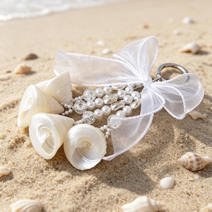 White Shell Pearl Bow Keychain, Sheer Organza Bow Bag Charm, Coastal Bridal Accessory, Beach Wedding Gift for Her
